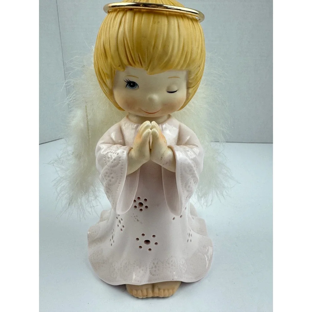 Vintage Winking Angel Figurine Pink Porcelain Light Up Feather Wings Christmas